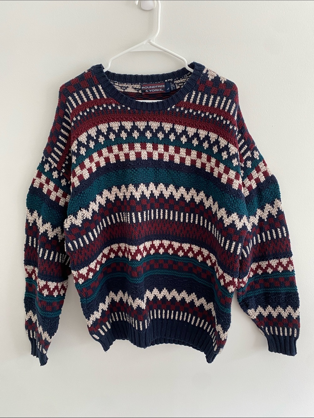 Roundtree 3D Heavy Cotton Textured L/S Crew Neck Sweater Navy Red Cream Green L